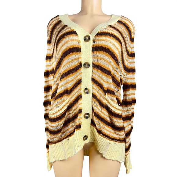 Unbranded Sweaters - Striped Oversized Cardigan Sweater XL  Grunge Open Knit Brown Yellow Distressed